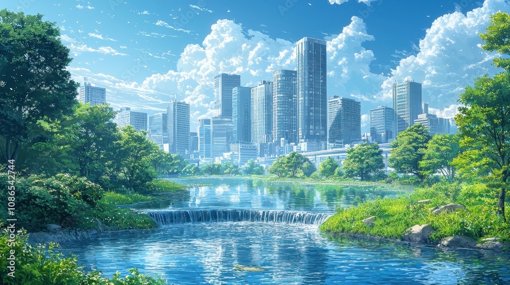 Urban skyline and river landscape city park nature view