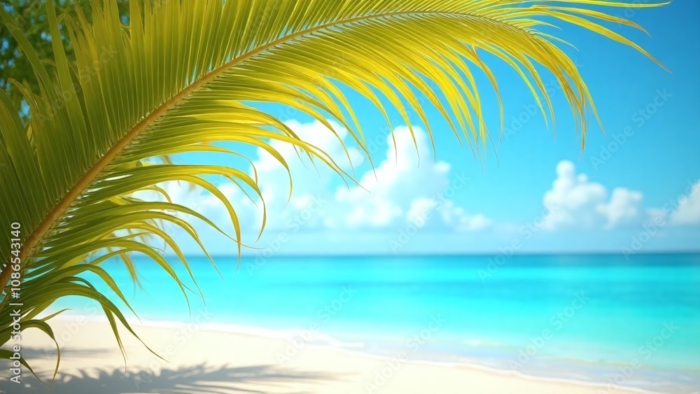 Digital artwork beach scene palm frond yellow Digital artwork beach scene palm frond yellow