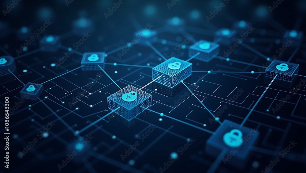 Design an image representing blockchain technology in business, featuring interconnected blocks, digital locks, and secure data nodes flowing through a futuristic network. Design an image representing blockchain technology in business, featuring interconnected blocks, digital locks, and secure data nodes flowing through a futuristic network.