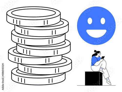 Woman sitting on a block using a tablet next to a large stack of coins and a happy face icon. Ideal for finance, technology, digital payments, savings, user satisfaction, mobile apps, and lifestyle