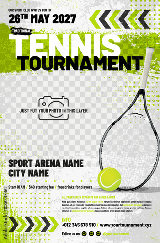 Tennis tournament poster template with ball, racket, arrows, grungy and halftone elements and place for your photo