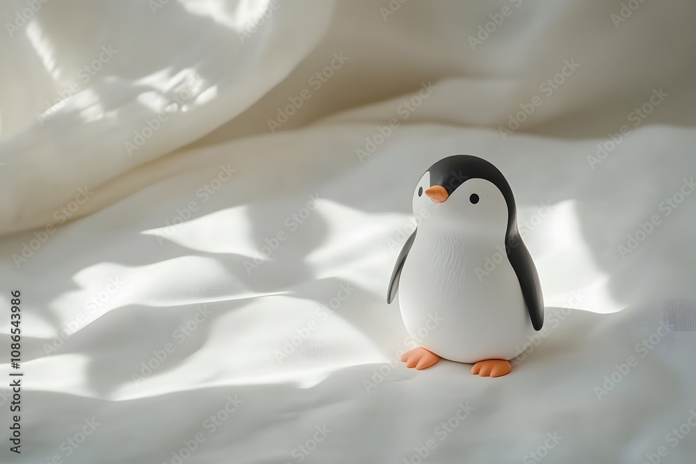 Obraz premium A cute illustration of a single penguin on a white canvas. Soft lighting. Minimal background for Penguin Awareness Day
