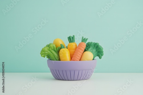 A colorful array of fresh vegetables beautifully arranged in a bowl on a white table. Soft lighting.  photo