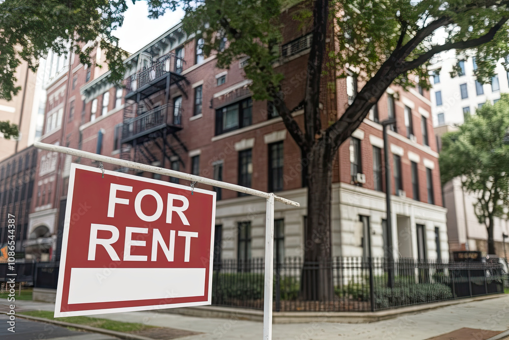 Fototapeta premium For rent sign in front of a city apartment building