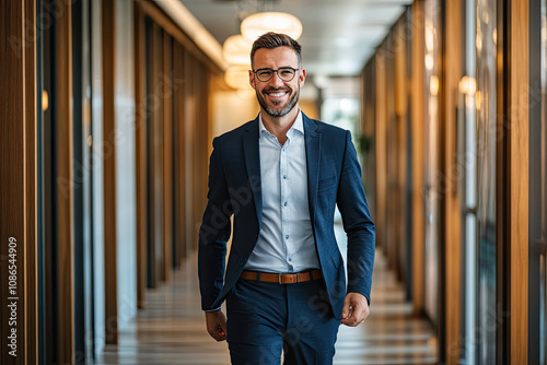 Businessman in formal attire walking down a corporate hallway photo