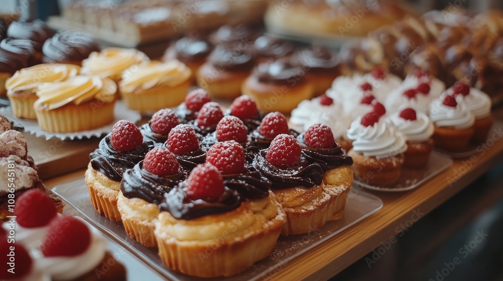 A close-up of a variety of pastries, including chocolate-covered pastries with raspberries and vanilla cupcakes topped with raspberries. A close-up of a variety of pastries, including chocolate-covered pastries with raspberries and vanilla cupcakes topped with raspberries.