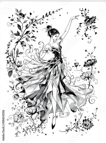 Beautiful dancer vector illustration with floral elements