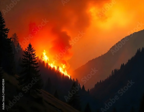 A raging wildfire in a forested area, with tall pine trees silhouetted against an intense orange and red sky filled with thick smoke photo