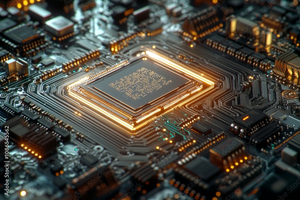 A close-up shot of an integrated circuit on the mainboard, showcasing its intricate design and technology.