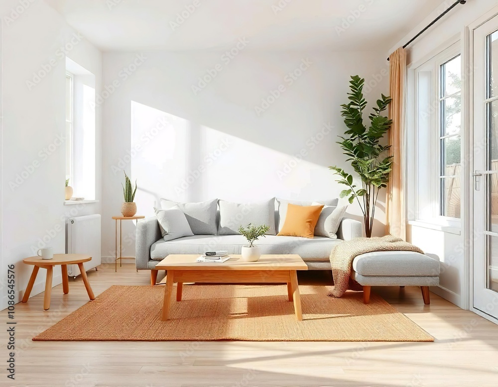 Obraz premium A modern, minimalist living room with a gray sofa, wooden coffee table, and potted plants. The room has large windows that let in plenty of natural light, creating a bright and airy atmosphere