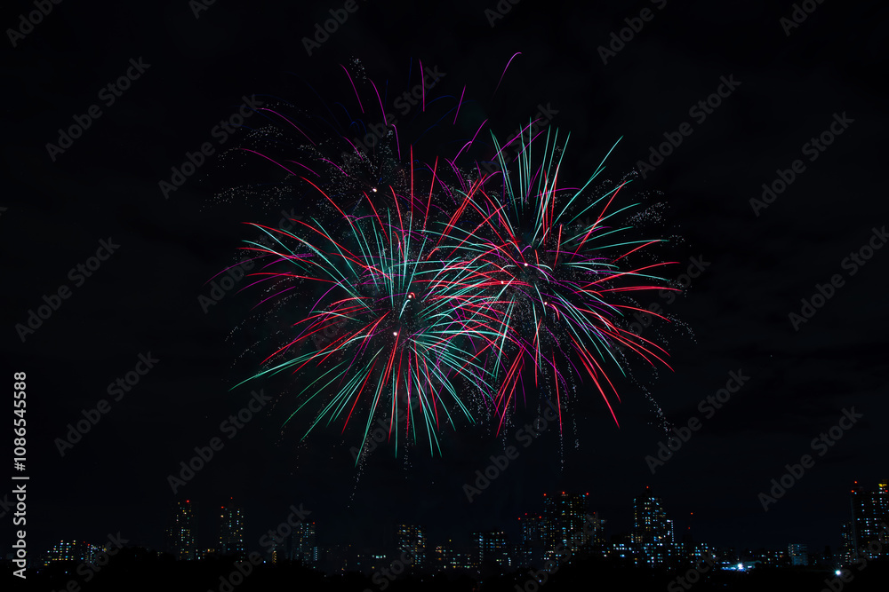 Fireworks in the night sky with tall buildings back ground Fireworks in the night sky with tall buildings back ground