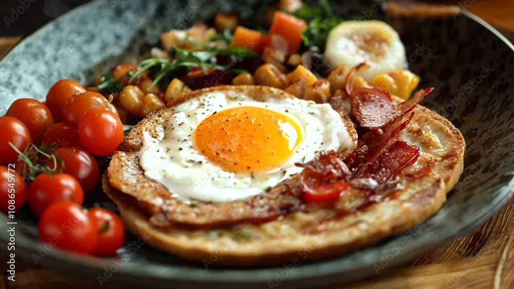 A vibrant breakfast plate showcases a perfectly cooked egg, crispy bacon, and a colorful medley of tomatoes and vegetables. A wholesome start to the day awaits. A vibrant breakfast plate showcases a perfectly cooked egg, crispy bacon, and a colorful medley of tomatoes and vegetables. A wholesome start to the day awaits.
