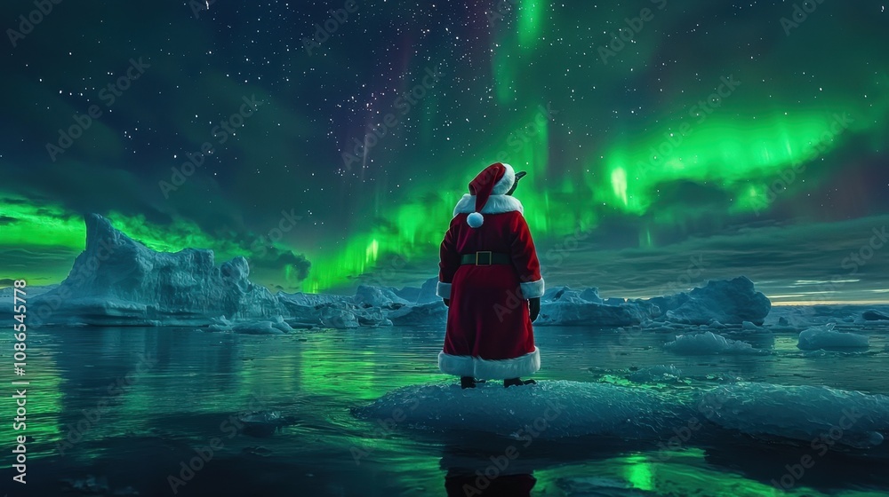 Santa enjoys aurora borealis over icy landscape arctic night Santa enjoys aurora borealis over icy landscape arctic night