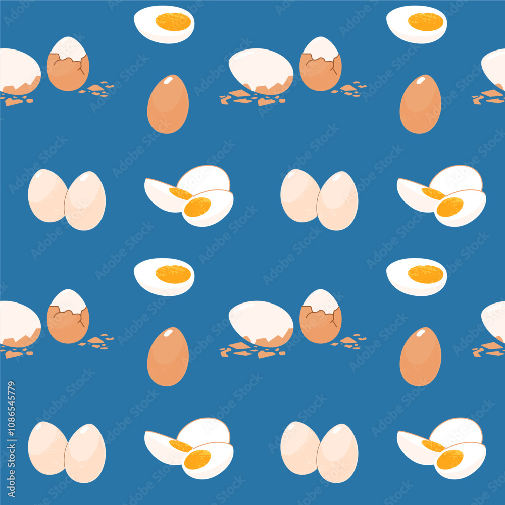 Cute pattern of boiled eggs, peeled eggs on a blue background. Hand drawn vector illustration. Print for design and printing.