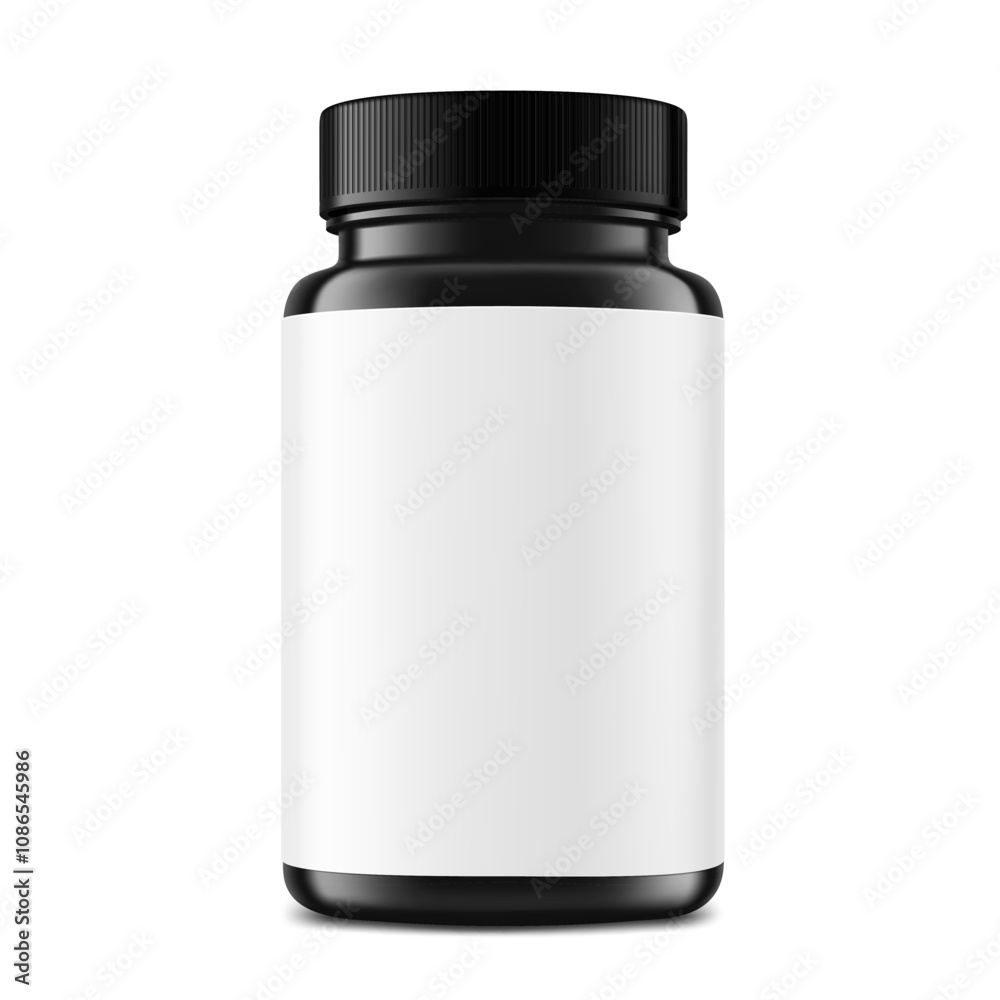 Plastic black packer pill bottle mockup with label for treats, vitamins, supplements isolated on white background. Vector illustration. ready for your design. EPS10 Plastic black packer pill bottle mockup with label for treats, vitamins, supplements isolated on white background. Vector illustration. ready for your design. EPS10