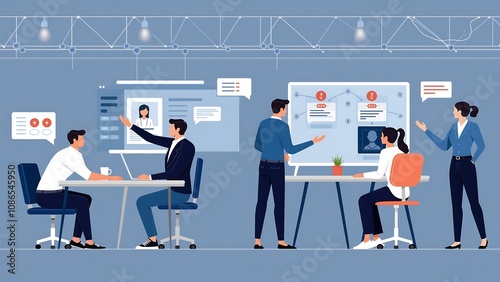 Depict an AI-enhanced HR department, with virtual interviews, automated candidate screening, and digital onboarding processes in a modern, tech-savvy office.