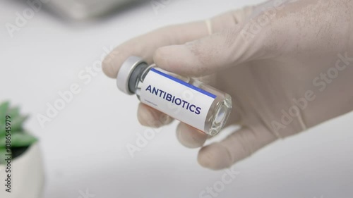 a doctor shows the antibiotic injection on a vial bottle