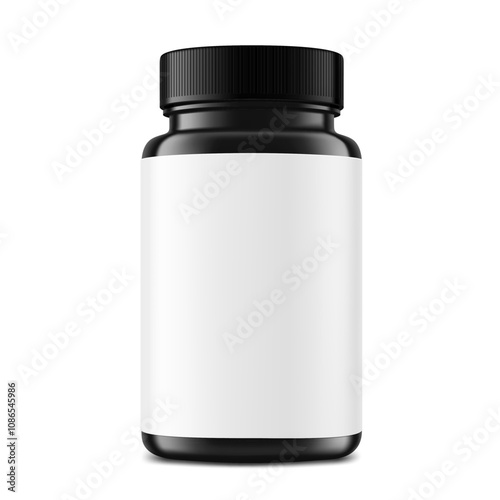 Plastic black packer pill bottle mockup with label for treats, vitamins, supplements isolated on white background. Vector illustration. ready for your design. EPS10