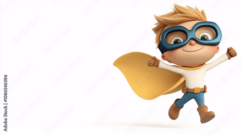Fototapeta premium 3D Cartoon Character of a Cute Superhero Boy with Blonde Hair Wearing a Blue Mask and Yellow Cape, Joyfully Running with a Cheerful Expression in a Playful Style