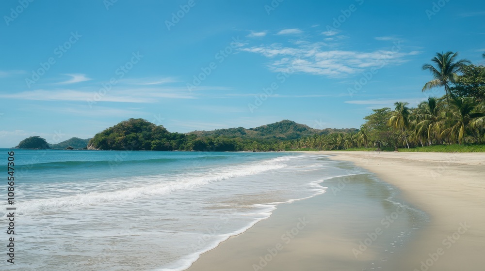 Tropical Beach Paradise Ocean Waves, White Sand, Palm Trees Tropical Beach Paradise Ocean Waves, White Sand, Palm Trees