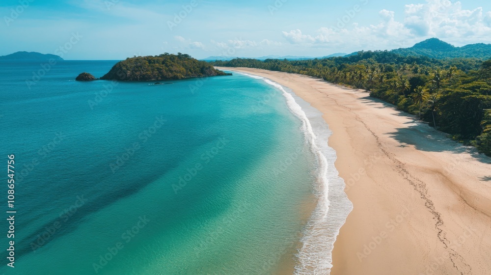 Obraz premium Aerial View of Tropical Island Beach, Turquoise Ocean, Palm Trees