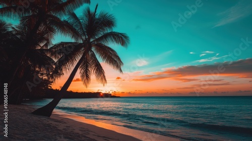 Tropical Beach Sunset Palm Trees, Ocean Waves, Vivid Sky