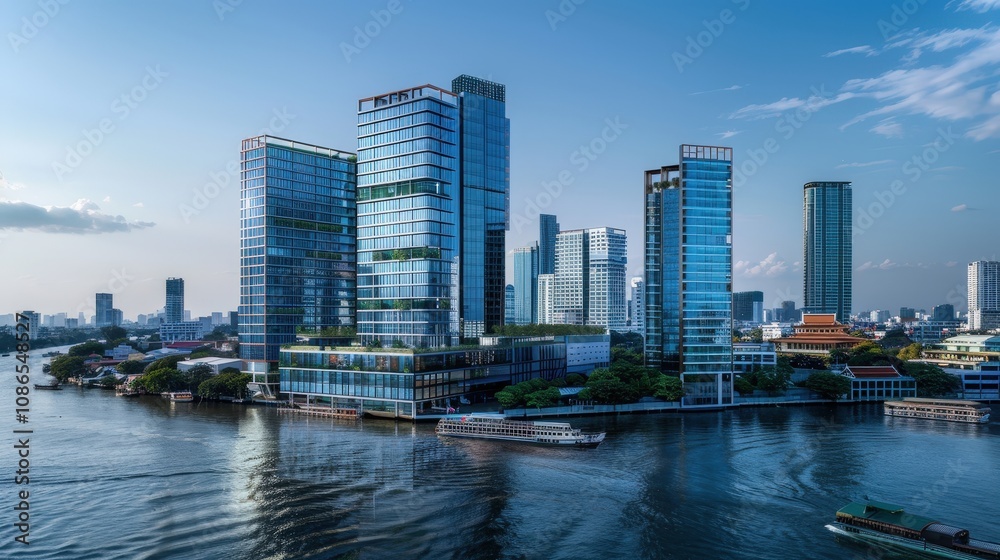 Fototapeta premium Stunning Modern Skyscrapers Reflecting on Water