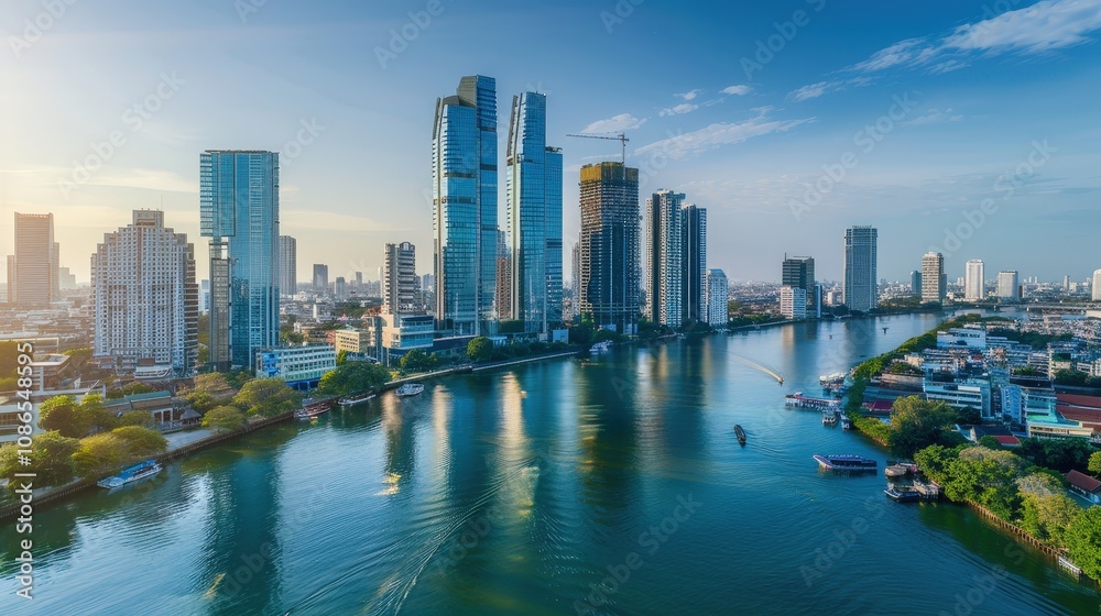Fototapeta premium Modern skyline with river view in vibrant cityscape