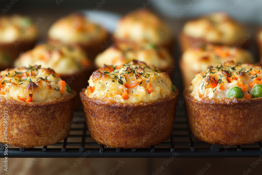 Golden mini chicken pot pie muffins with a flaky crust and creamy filling of chicken. AI generative.