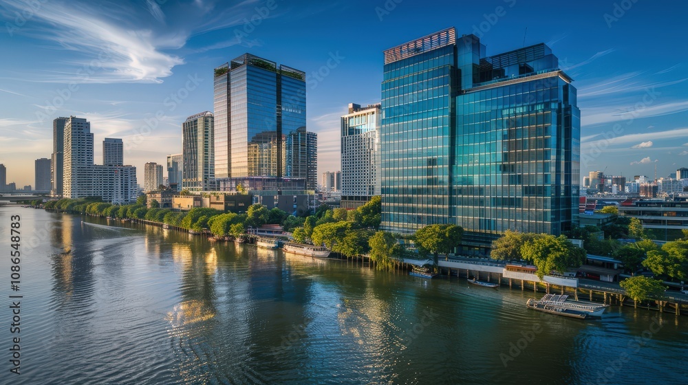 Obraz premium Modern City Skyline Reflected in Water at Dusk
