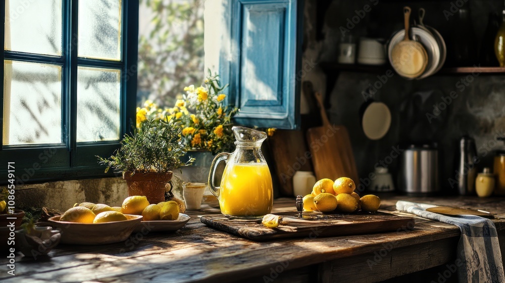 Fototapeta premium Lemon olive oil cake with lemon glaze, rustic Italian kitchen setting 