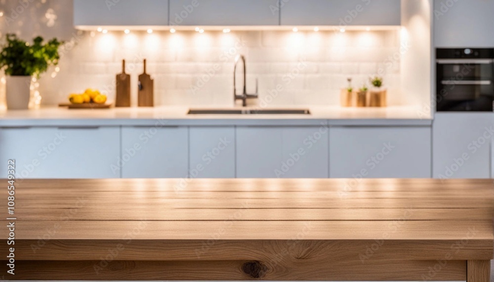 Empty Wooden table on blurred background of kitchen bench with twinkling lights. Generative ai Empty Wooden table on blurred background of kitchen bench with twinkling lights. Generative ai