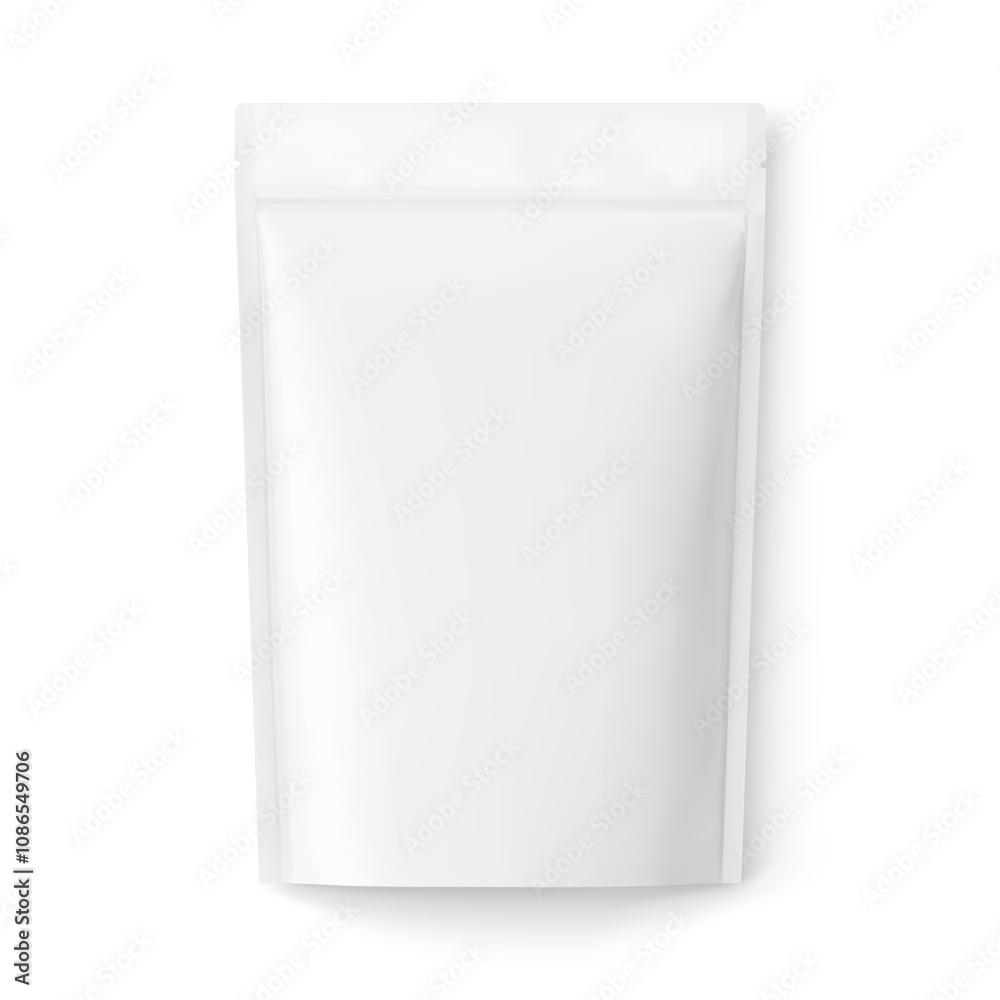 Realistic stand up pouch bag mockup with transparent shadow. Front view. Vector illustration isolated on white background. Ready for your design. EPS10. Realistic stand up pouch bag mockup with transparent shadow. Front view. Vector illustration isolated on white background. Ready for your design. EPS10.