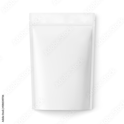 Realistic stand up pouch bag mockup with transparent shadow. Front view. Vector illustration isolated on white background. Ready for your design. EPS10.	