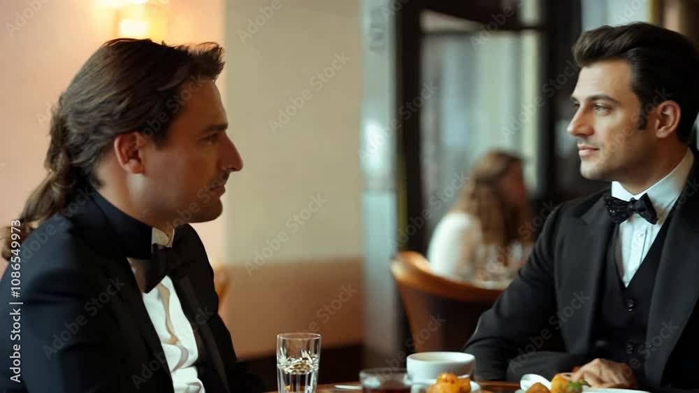 A sophisticated couple engages in a deep conversation at a chic cafe, surrounded by an atmospheric ambiance. The soft lighting and elegant decor set the perfect backdrop for their intimate exchange. A sophisticated couple engages in a deep conversation at a chic cafe, surrounded by an atmospheric ambiance. The soft lighting and elegant decor set the perfect backdrop for their intimate exchange.