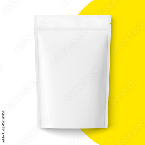 Realistic stand up pouch bag mockup with transparent shadow. Front view. Vector illustration isolated on white background. Ready for your design. EPS10.