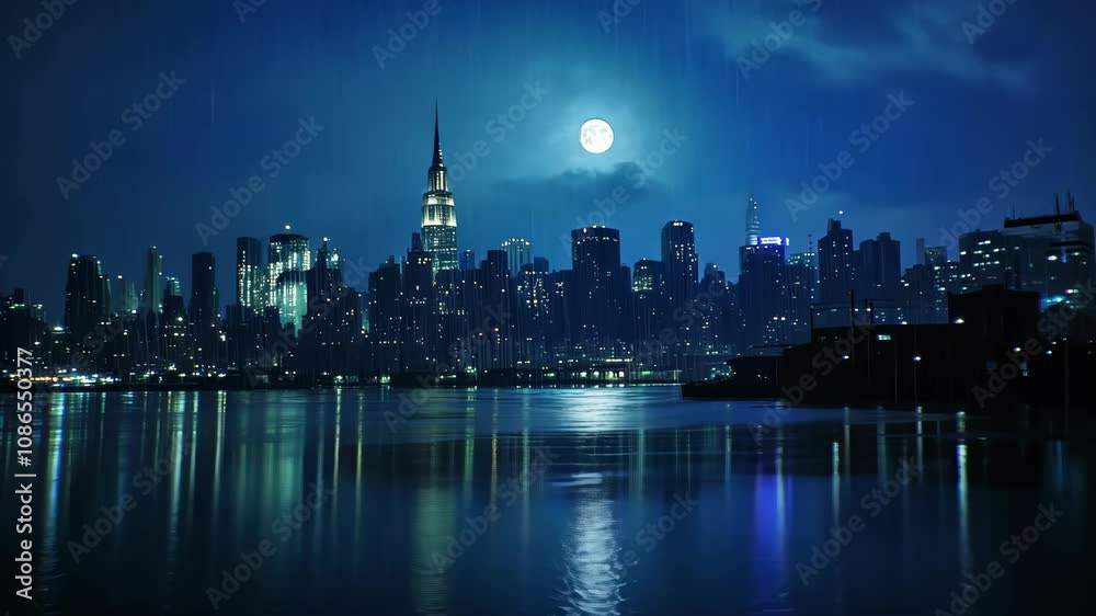 Rainy Night in NYC: A Full Moon Illuminates the Skyline Rainy Night in NYC: A Full Moon Illuminates the Skyline