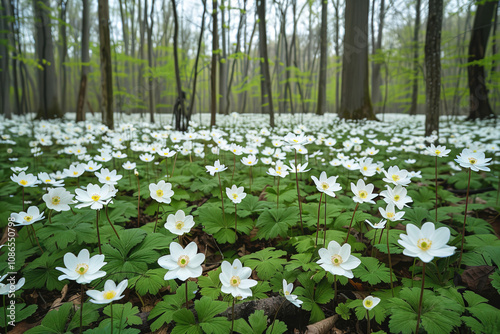 A serene field of forest anemones blooming in a tranquil woodland setting during spring