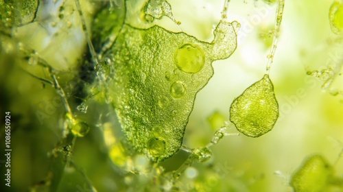 Freshwater microalgae blooming under microscope. The species is probably Chlamydocapsasp. Live cell. Selective focus