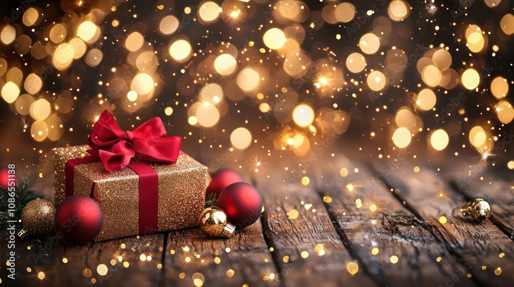A holiday gift box tied with a red bow, surrounded by sparkling baubles on a wooden background, with magical dark golden bokeh lights in the background.