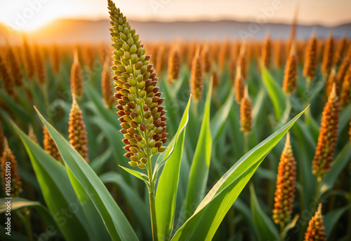 Close-up shot of a single sorghum plant, highlighting its tall, slender stalks, its large, green leaves and the developing, reddish brown seed heads. The sun casts a warm, golden light on the sorghum photo