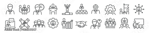 Set of line icons related business, employee, management, development. Editable stroke. 500x500px Perfect pixel on transparent background
