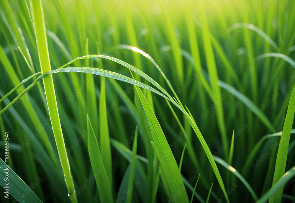 Close-up shot of a single rice plant with vibrant green leaves and a delicate stalk of ripening rice grains. The leaves are glistening with morning dew and the sunlight filters through them