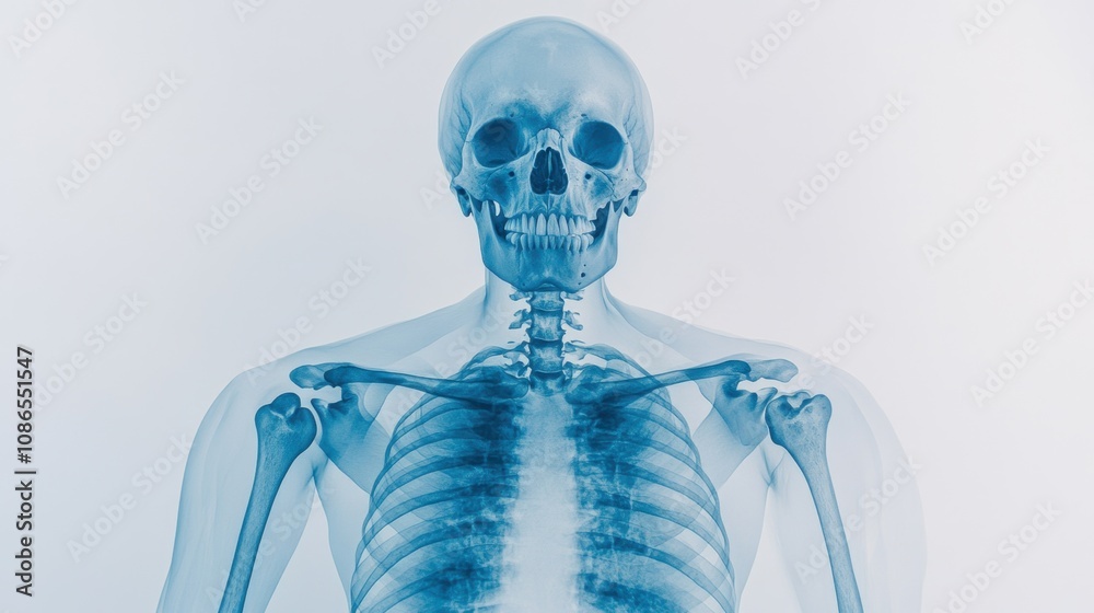 Blue X-ray image showing the human skeleton of the chest and abdomen. Blue X-ray image showing the human skeleton of the chest and abdomen.