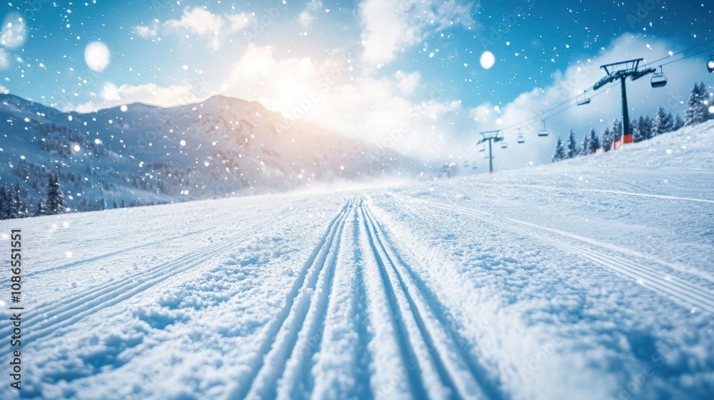 Snowy Mountain Ski Slope with Chairlift and Falling Snow Snowy Mountain Ski Slope with Chairlift and Falling Snow