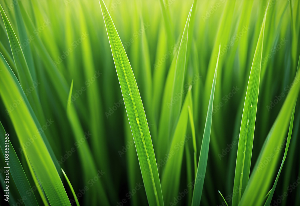Close-up shot of a single rice plant with vibrant green leaves and a delicate stalk of ripening rice grains. The leaves are glistening with morning dew and the sunlight filters through them Close-up shot of a single rice plant with vibrant green leaves and a delicate stalk of ripening rice grains. The leaves are glistening with morning dew and the sunlight filters through them