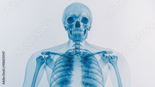 Blue X-ray image showing the human skeleton of the chest and abdomen.