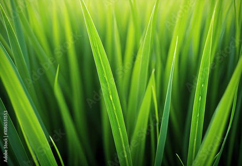 Close-up shot of a single rice plant with vibrant green leaves and a delicate stalk of ripening rice grains. The leaves are glistening with morning dew and the sunlight filters through them