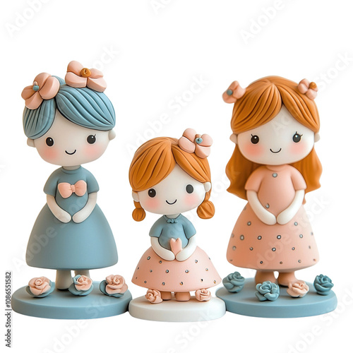 Charming handmade polymer clay dolls with colorful dresses and cute expressions, perfect for children's decor.3d render object isolated on white background