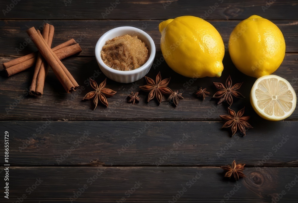 set lemon, anise, cinnamon, brown sugar on old wooden Board isolated on dark background set lemon, anise, cinnamon, brown sugar on old wooden Board isolated on dark background